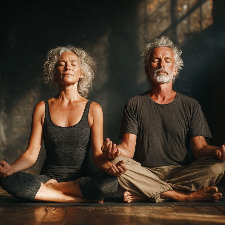 Літня жінка займається йогою на природі