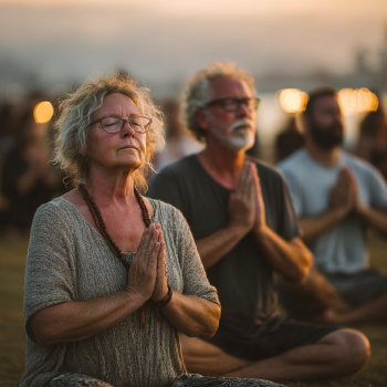 Група літніх людей займається йогою в парку